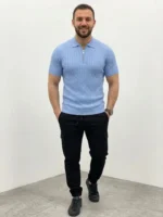 Erkek Yazlık Triko Saç Örgü Tişört Kısa Kol Polo Yaka Fermuarlı T-Shirt - Bebe Mavisi - Görsel 4
