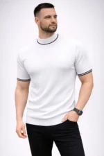 Erkek Fitilli Triko Dokuma Kısa Kol Tişört Yarım Boğaz Modern Yazlık T-Shirt - Beyaz