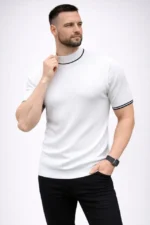 Erkek Fitilli Triko Dokuma Kısa Kol Tişört Yarım Boğaz Modern Yazlık T-Shirt - Beyaz - Görsel 2