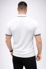 Erkek Fitilli Triko Dokuma Kısa Kol Tişört Yarım Boğaz Modern Yazlık T-Shirt - Beyaz - Görsel 3