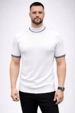 Erkek Fitilli Triko Dokuma Kısa Kol Tişört Yarım Boğaz Modern Yazlık T-Shirt - Beyaz - Görsel 4