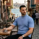 Erkek Fitilli Triko Dokuma Kısa Kol Tişört Yarım Boğaz Modern Yazlık T-Shirt - Bebe Mavisi