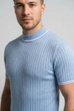 Erkek Fitilli Triko Dokuma Kısa Kol Tişört Yarım Boğaz Modern Yazlık T-Shirt - Bebe Mavisi - Görsel 3