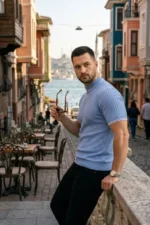 Erkek Fitilli Triko Dokuma Kısa Kol Tişört Yarım Boğaz Modern Yazlık T-Shirt - Bebe Mavisi - Görsel 4