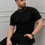 Erkek Fitilli Triko Dokuma Kısa Kol Tişört Yarım Boğaz Modern Yazlık T-Shirt - Siyah