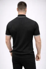 Erkek Fitilli Triko Dokuma Kısa Kol Tişört Yarım Boğaz Modern Yazlık T-Shirt - Siyah - Görsel 2