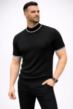 Erkek Fitilli Triko Dokuma Kısa Kol Tişört Yarım Boğaz Modern Yazlık T-Shirt - Siyah - Görsel 3