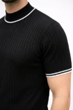 Erkek Fitilli Triko Dokuma Kısa Kol Tişört Yarım Boğaz Modern Yazlık T-Shirt - Siyah - Görsel 4