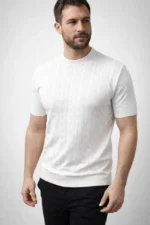Erkek Yazlık Triko Dokuma Tişört Kısa Kol Bisiklet Yaka Örgü Desenli T-Shirt - Beyaz - Görsel 2