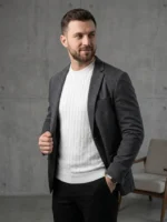 Erkek Yazlık Triko Dokuma Tişört Kısa Kol Bisiklet Yaka Örgü Desenli T-Shirt - Beyaz - Görsel 3