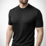 Erkek Yazlık Triko Dokuma Tişört Kısa Kol Bisiklet Yaka Örgü Desenli T-Shirt - Siyah