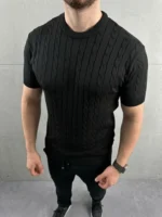 Erkek Yazlık Triko Dokuma Tişört Kısa Kol Bisiklet Yaka Örgü Desenli T-Shirt - Siyah - Görsel 2