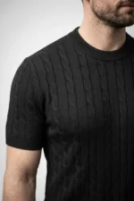 Erkek Yazlık Triko Dokuma Tişört Kısa Kol Bisiklet Yaka Örgü Desenli T-Shirt - Siyah - Görsel 3