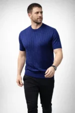 Erkek Yazlık Triko Dokuma Tişört Kısa Kol Bisiklet Yaka Örgü Desenli T-Shirt - Lacivert - Görsel 3