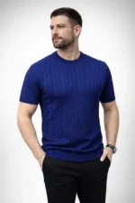 Erkek Yazlık Triko Dokuma Tişört Kısa Kol Bisiklet Yaka Örgü Desenli T-Shirt - Lacivert - Görsel 4