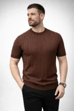 Erkek Yazlık Triko Dokuma Tişört Kısa Kol Bisiklet Yaka Örgü Desenli T-Shirt - Kahverengi - Görsel 2