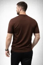 Erkek Yazlık Triko Dokuma Tişört Kısa Kol Bisiklet Yaka Örgü Desenli T-Shirt - Kahverengi - Görsel 3