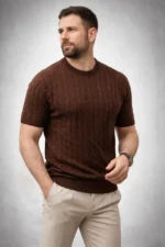 Erkek Yazlık Triko Dokuma Tişört Kısa Kol Bisiklet Yaka Örgü Desenli T-Shirt - Kahverengi - Görsel 4