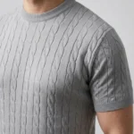 Erkek Yazlık Triko Dokuma Tişört Kısa Kol Bisiklet Yaka Örgü Desenli T-Shirt - Gri