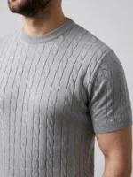 Erkek Yazlık Triko Dokuma Tişört Kısa Kol Bisiklet Yaka Örgü Desenli T-Shirt - Gri