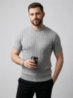 Erkek Yazlık Triko Dokuma Tişört Kısa Kol Bisiklet Yaka Örgü Desenli T-Shirt - Gri - Görsel 2