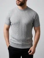 Erkek Yazlık Triko Dokuma Tişört Kısa Kol Bisiklet Yaka Örgü Desenli T-Shirt - Gri - Görsel 3