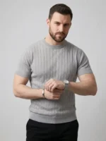 Erkek Yazlık Triko Dokuma Tişört Kısa Kol Bisiklet Yaka Örgü Desenli T-Shirt - Gri - Görsel 4