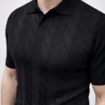 Erkek Yazlık Triko Dokuma Tişört Kısa Kol Polo Yaka T-Shirt - Siyah