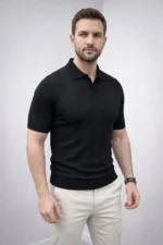 Erkek Yazlık Triko Dokuma Tişört Kısa Kol Polo Yaka T-Shirt - Siyah - Görsel 2
