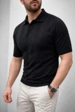 Erkek Yazlık Triko Dokuma Tişört Kısa Kol Polo Yaka T-Shirt - Siyah - Görsel 3