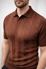 Erkek Yazlık Triko Dokuma Tişört Kısa Kol Polo Yaka T-Shirt - Kahverengi