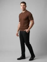 Erkek Yazlık Triko Dokuma Tişört Kısa Kol Polo Yaka T-Shirt - Kahverengi - Görsel 2