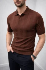 Erkek Yazlık Triko Dokuma Tişört Kısa Kol Polo Yaka T-Shirt - Kahverengi - Görsel 3