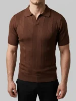 Erkek Yazlık Triko Dokuma Tişört Kısa Kol Polo Yaka T-Shirt - Kahverengi - Görsel 4