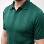 Erkek Yazlık Triko Dokuma Tişört Kısa Kol Polo Yaka T-Shirt - Koyu Yeşil