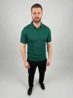 Erkek Yazlık Triko Dokuma Tişört Kısa Kol Polo Yaka T-Shirt - Koyu Yeşil - Görsel 3