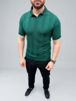 Erkek Yazlık Triko Dokuma Tişört Kısa Kol Polo Yaka T-Shirt - Koyu Yeşil - Görsel 4