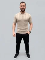 Erkek Yazlık Triko Dokuma Tişört Kısa Kol Polo Yaka T-Shirt - Bej - Görsel 2