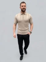 Erkek Yazlık Triko Dokuma Tişört Kısa Kol Polo Yaka T-Shirt - Bej - Görsel 3