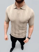 Erkek Yazlık Triko Dokuma Tişört Kısa Kol Polo Yaka T-Shirt - Bej - Görsel 4