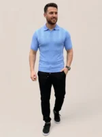 Erkek Yazlık Triko Dokuma Tişört Kısa Kol Polo Yaka T-Shirt - Bebek Mavisi - Görsel 2