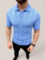 Erkek Yazlık Triko Dokuma Tişört Kısa Kol Polo Yaka T-Shirt - Bebek Mavisi - Görsel 4