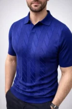 Erkek Yazlık Triko Dokuma Tişört Kısa Kol Polo Yaka T-Shirt - Lacivert