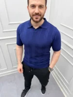 Erkek Yazlık Triko Dokuma Tişört Kısa Kol Polo Yaka T-Shirt - Lacivert - Görsel 2