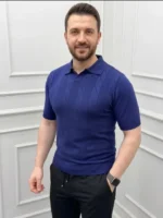 Erkek Yazlık Triko Dokuma Tişört Kısa Kol Polo Yaka T-Shirt - Lacivert - Görsel 3