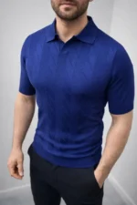 Erkek Yazlık Triko Dokuma Tişört Kısa Kol Polo Yaka T-Shirt - Lacivert - Görsel 4