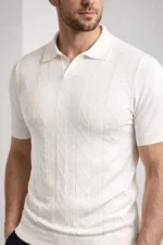Erkek Yazlık Triko Dokuma Tişört Kısa Kol Polo Yaka T-Shirt - Beyaz