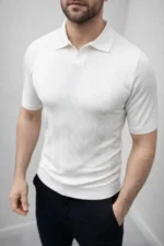 Erkek Yazlık Triko Dokuma Tişört Kısa Kol Polo Yaka T-Shirt - Beyaz - Görsel 2