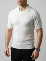 Erkek Yazlık Triko Dokuma Tişört Kısa Kol Polo Yaka T-Shirt - Beyaz - Görsel 3