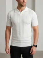 Erkek Yazlık Triko Dokuma Tişört Kısa Kol Polo Yaka T-Shirt - Beyaz - Görsel 4